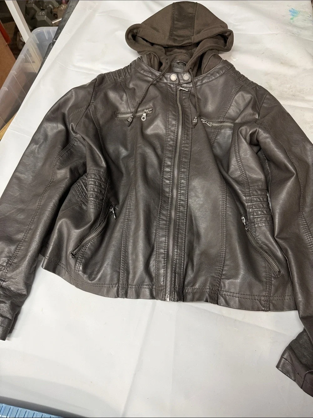 Kids Hooded Faux Leather Jean-Style Jacket in Dark Brown
